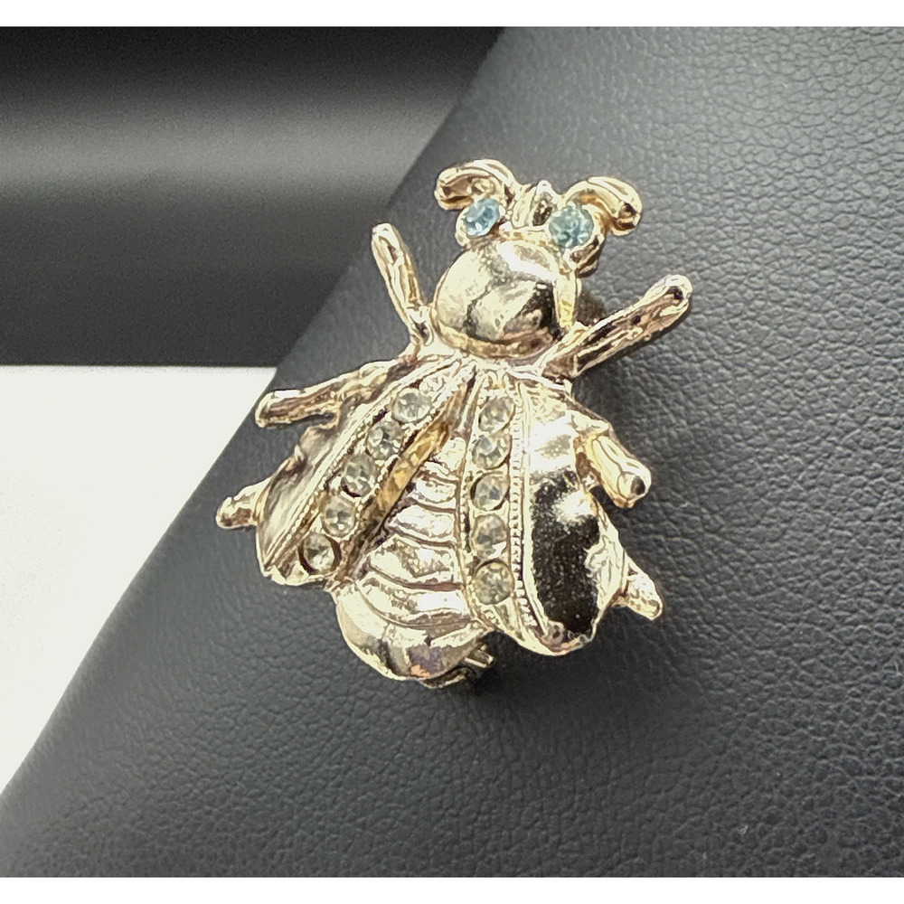 Vintage Brooch Honey Bee Gold Tone‎ Blue Rhinestone Eyes Pin